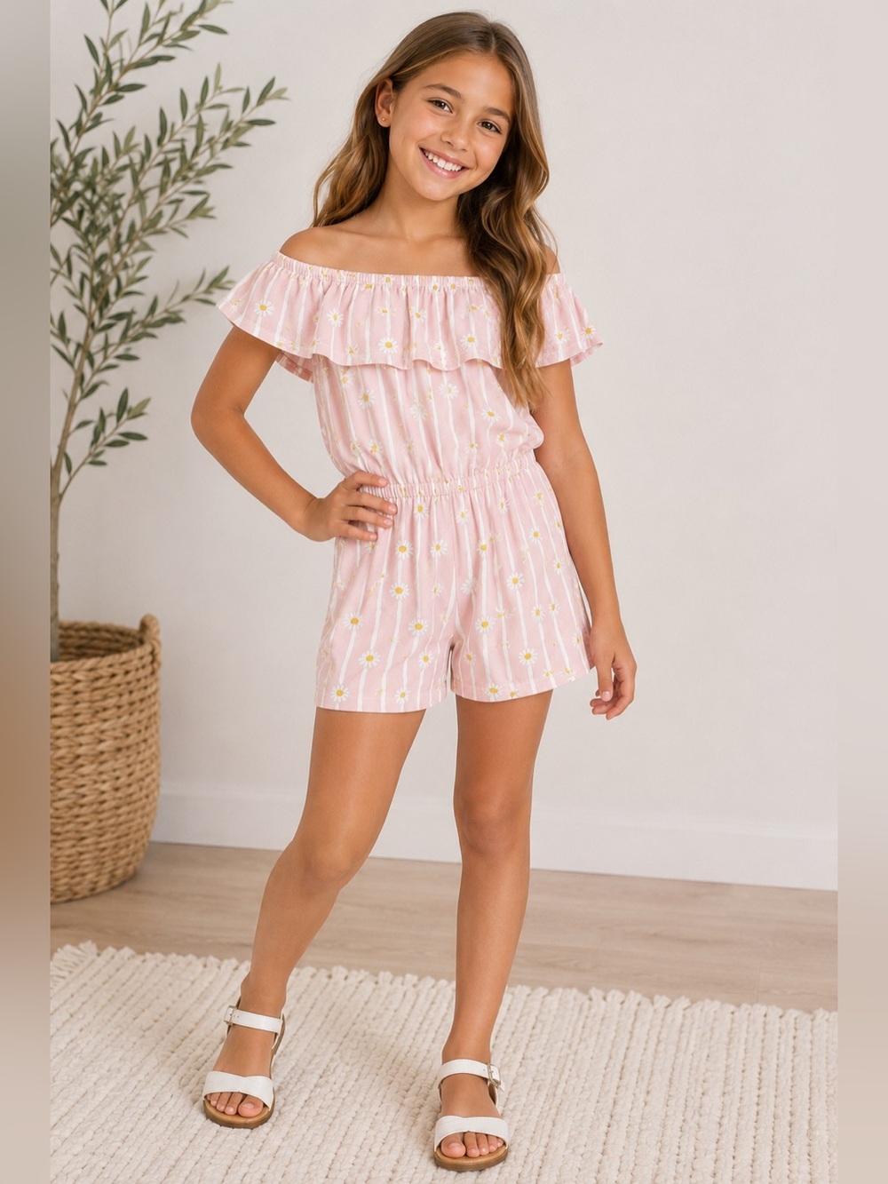 Heart N Arrow Girls Pink Daisy Off Shoulder Romper Size 12